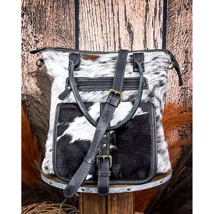 Myra Bag Mesa Maverick Leather Female Tote, Casual Commuter Bag for Women, Black and White Luggage Accessory