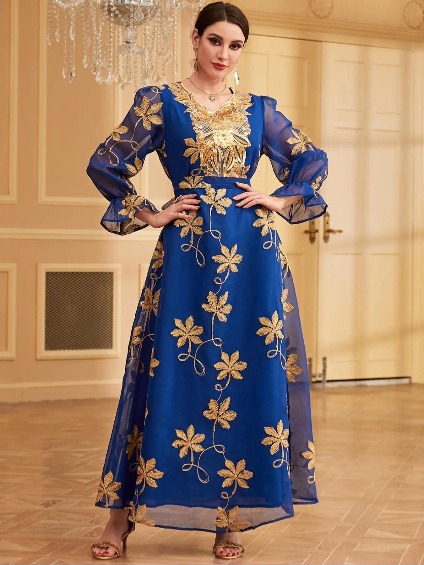 Arabic Clothing-Floral Embroidery Contrast Mesh Belted Tiered Layer Dress, Contrast Sequin Elegant Long Sleeve Round Neck A Line Dress for Wedding Gue