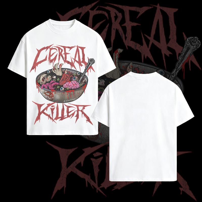 Men's "Cereal Killer" Thrash Metal Graphic T-shirt, Dark Humor Horror Breakfast Oversized Streetwear Tee，Edgy Serial Killer Pun T-shirt, Gore Body Part Horror Graphic Cotton Tee for Men，A birthday gift for grain lovers