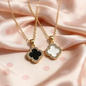 4-Leaf Clover Black White Onyx Necklace Set Adjustable Hypoallergenic Chain Minimalist Luxury Jewelry Gift 4-Pack Solar 1.8cm x 1.8cm Alloy Pendant