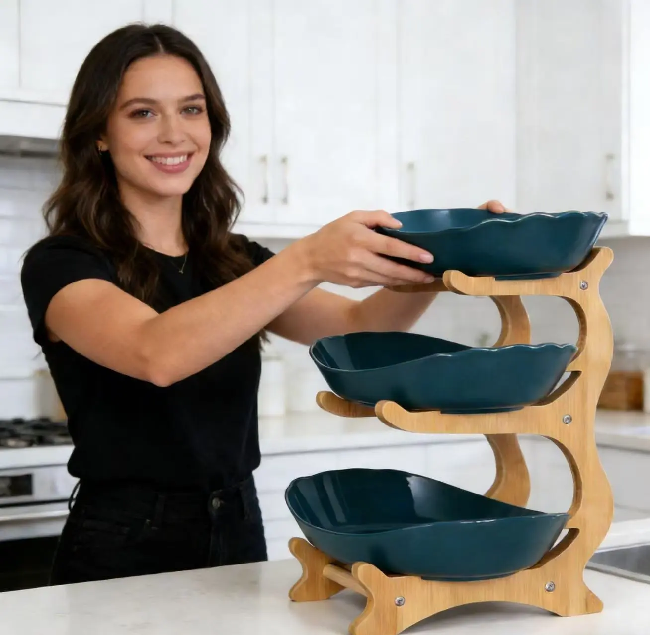 Kitchen Life 3-Tier Durable Fruit Bowl & Deep Serving Plate Set with Bamboo Stand - Modern, Farmhouse, Curved Design Prevents Food Sliding, Decorative Minimalist Tabletop Container for Fruits, Snacks - Dining Table Centerpiece