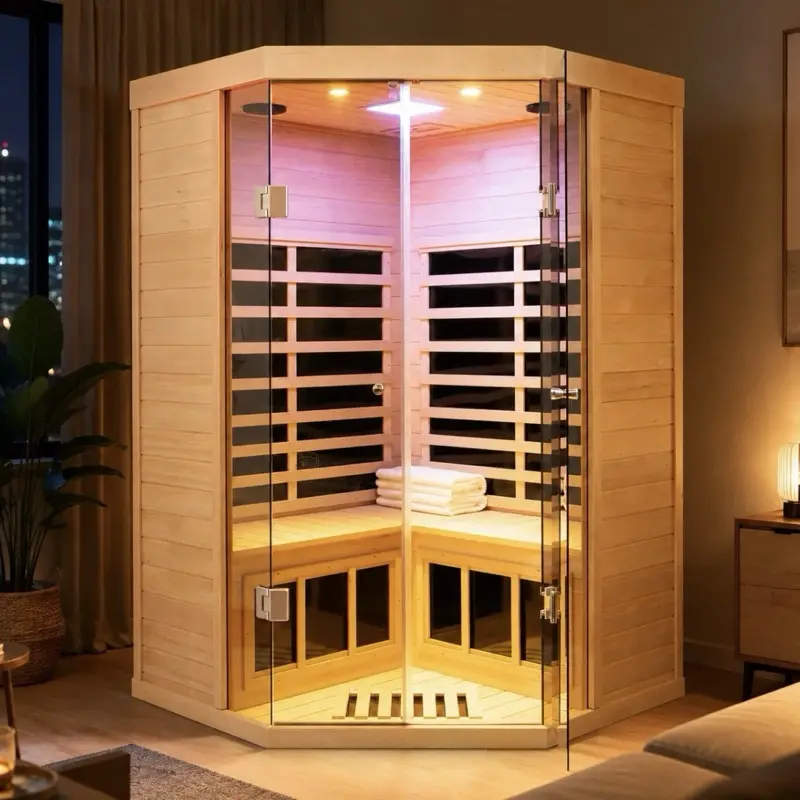 Corner Hemlock Far Infrared Sauna Low EMF Bluetooth Control for 2 Persons 1520W