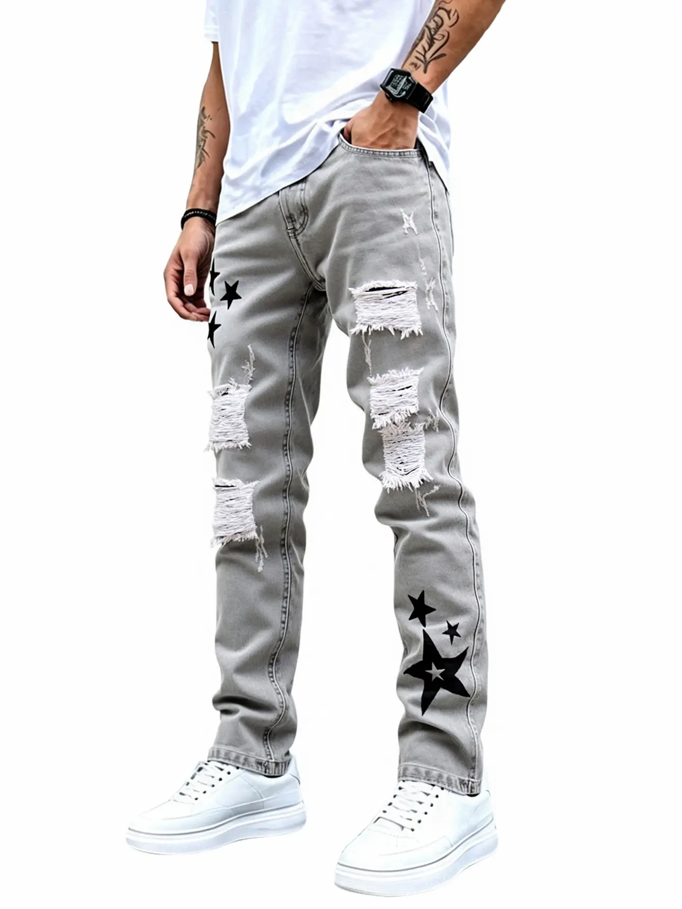 jeans for men Grey Star jeans pants for men Fathersdaygift gifts for him streetwear y2k clothing ripped pants for men birthday outfits Denim Trouser