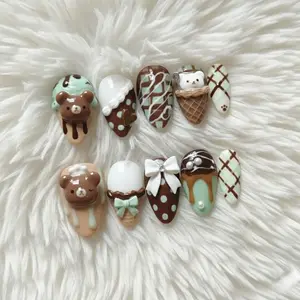 Kawaii Mint Choco Bear Press On Nails: 3D Ice Cream & Dessert Charms