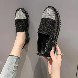Luxury Mesh Rhinestone Platform Loafers, Champagne Gold and Black Slip-Ons, Comfortable for Commuting, Shopping, Dates, Versatile Casual Shoes