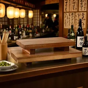2-Piece Set Of High-Quality Acacia Wood Japanese Sushi Plate With Base, Rectangular Solid Wood Dining Plate, Multifunctional Tray, Suitable For Salmon, Sushi, Cakes, Snacks, Afternoon Tea, Fruits, Beverages, Suitable For Bathroom And Kitchen Decoration An