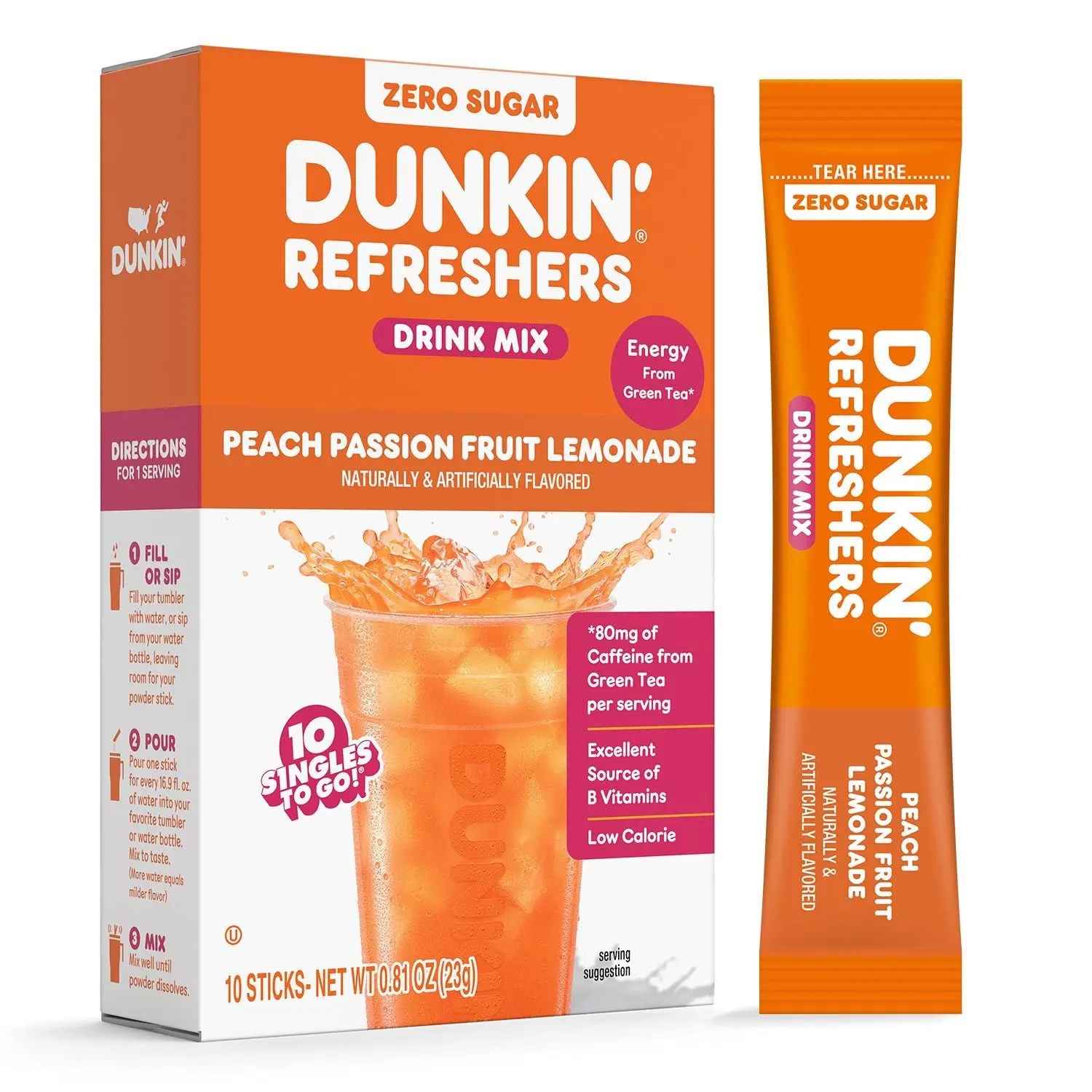 Dunkin’ Zero Sugar Refreshers Singles To Go! Powdered drink mix packets, Strawberry Dragonfruit Lemonade, 10 packets per box , Energy from Green Tea, aspartame-free, no synthetic colors, naturally and artificially flavored, just add water