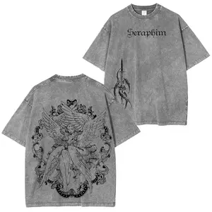 Vintage Washed Gray Grunge Streetwear T-Shirt with Gothic "Seraphim" Text & Six-Winged Seraphim Line Art Print, Ornate Baroque Border, Oversized Dark Academia Aesthetic Unisex Tee