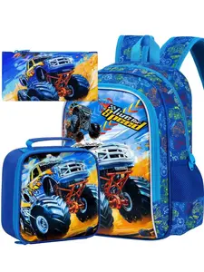 3pcs Cars Backpack Set, 16 Inch Boys Bookbag with Lunch Box, Ideal for Children Elementary Preschool Kindergarten, Durable & Stylish Design