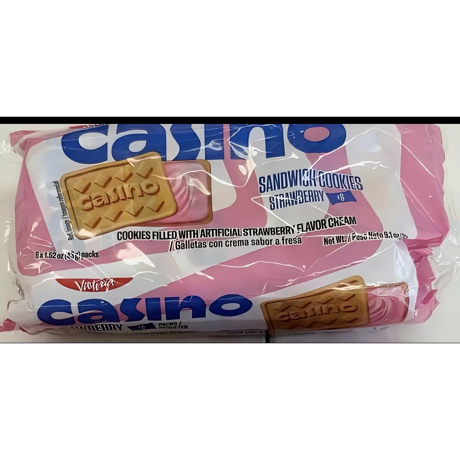 Casino Brand Strawberry Flavor Cream Sandwich Cookies 8x1.52 oz Packs Artificial Strawberry Filled Snacks