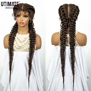 1B/30 Dark Brown Synthetic Lace Frontal Dutch Box Braided Wigs for Black Women Fishtail Braids Wigs with Baby Hair Cornrow Wigs