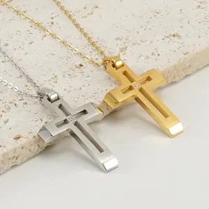 Cross Design Fashion Necklace with Chain in Gold and Silver with Zircon Perfect Valentines Gift for Women Hypoallergenic Stainless Steel