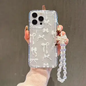 Transparent airbag bow pattern with checkered pearl handchain Protective smartphone case cover, Casing, suitable for Apple/ Samsung series, good gift for special occasions