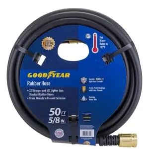Goodyear MAXLite 5/8 in. x 50 ft. Premium Duty Rubber+ Water Hose - 2X Stronger 40X Lighter Than Standard - Brass Threads for Corrosion Prevention