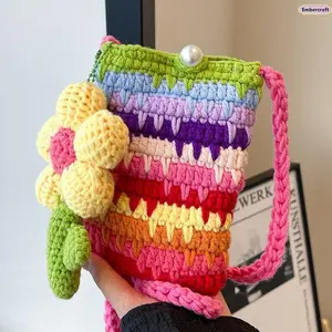 Cute Handmade Wool Crochet Phone Bag – Colorful Rainbow Messenger Shoulder Bag for Girls, Trendy Fashion Travel Tote, Summer Vacation Accessory