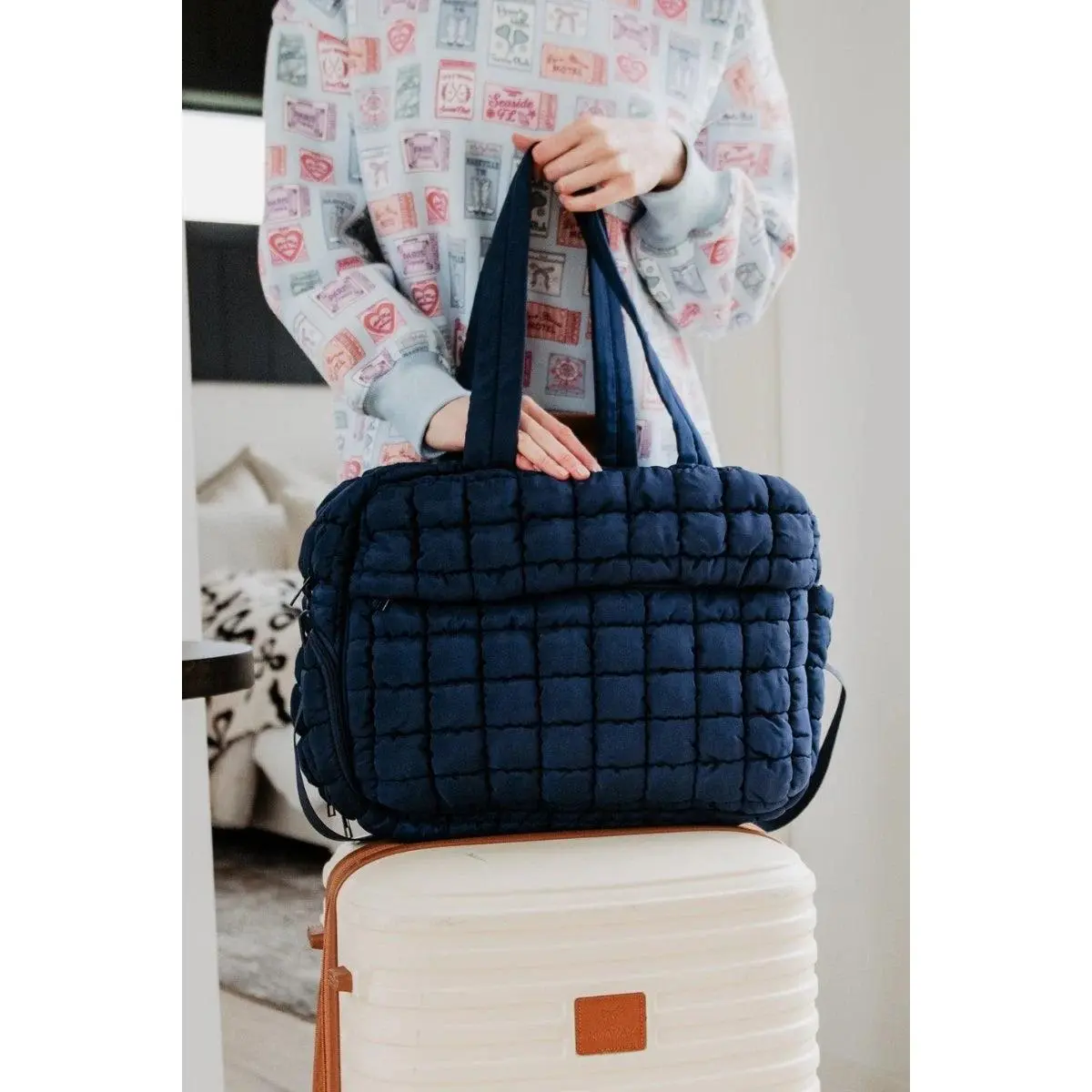 Navy Quilted Weekend Duffel Bag w/ Pass-Thru Slip