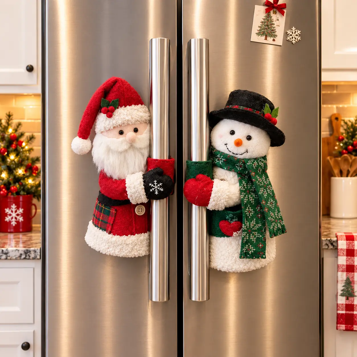 Cute Plush Christmas Handle Huggers - Santa & Snowman Design, Standard-Size Appliance Covers for Kitchen Oven, Refrigerator & Cabinet Decor