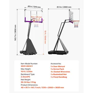 VEVOR Portable Basketball Stand, 10 ft Height Adjustment Basketball Hoop Goal, Basketballs Hoop Outdoor with 48 inch PC Backboard for Kids, Adults in Schools, Parks, Indoor Outdoor Use