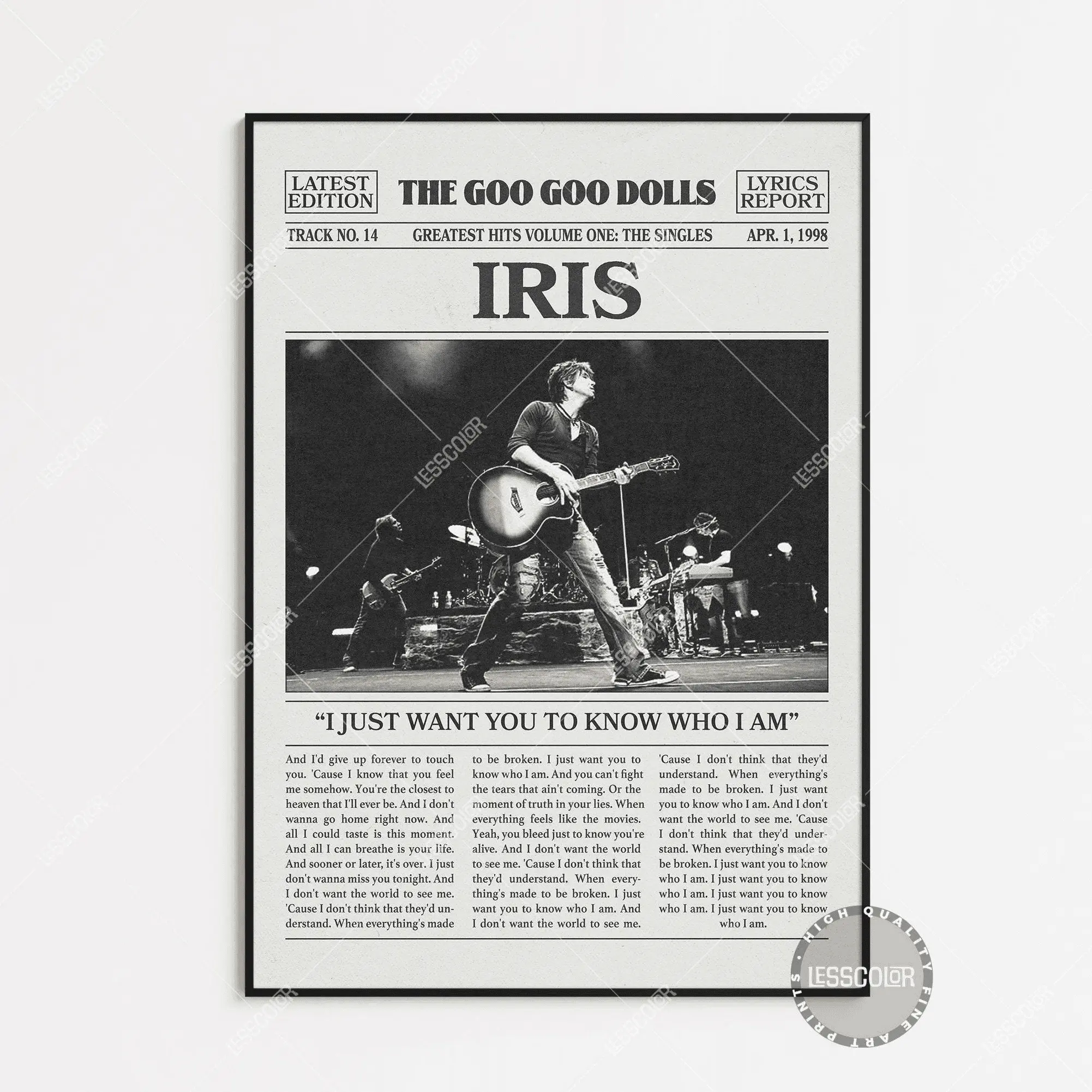 Goo Goo Dolls Retro Newspaper Print, Iris Poster No Frame, Lyric Print, City of Angels Music from the Motion Picture Poster, Goo Goo Dolls Poster
