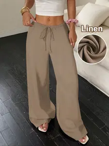 Women's Linen Wide Leg Pants, Casual Breathable Thin Weave Long Trousers, All Season Plain Pattern, Ladies Fashion Clothing