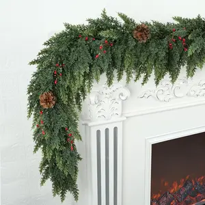 Realistic Christmas Garland for Mantle 6FT Real Touch Thick/Lush Artificial Cedar Garlands with Pine Cones/Red Berries Christmas Decorations Indoor Garland for Stairs Railing Outdoor Holiday Decor