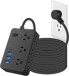 15FT Extension Cord with Multiple Outlets,  15 ft Surge Protector Power Strip with 6 Outlets with 4 USB Ports(1 USB C)Flat Plug with Long Cord 1700 Joules Protection for Home Office Black