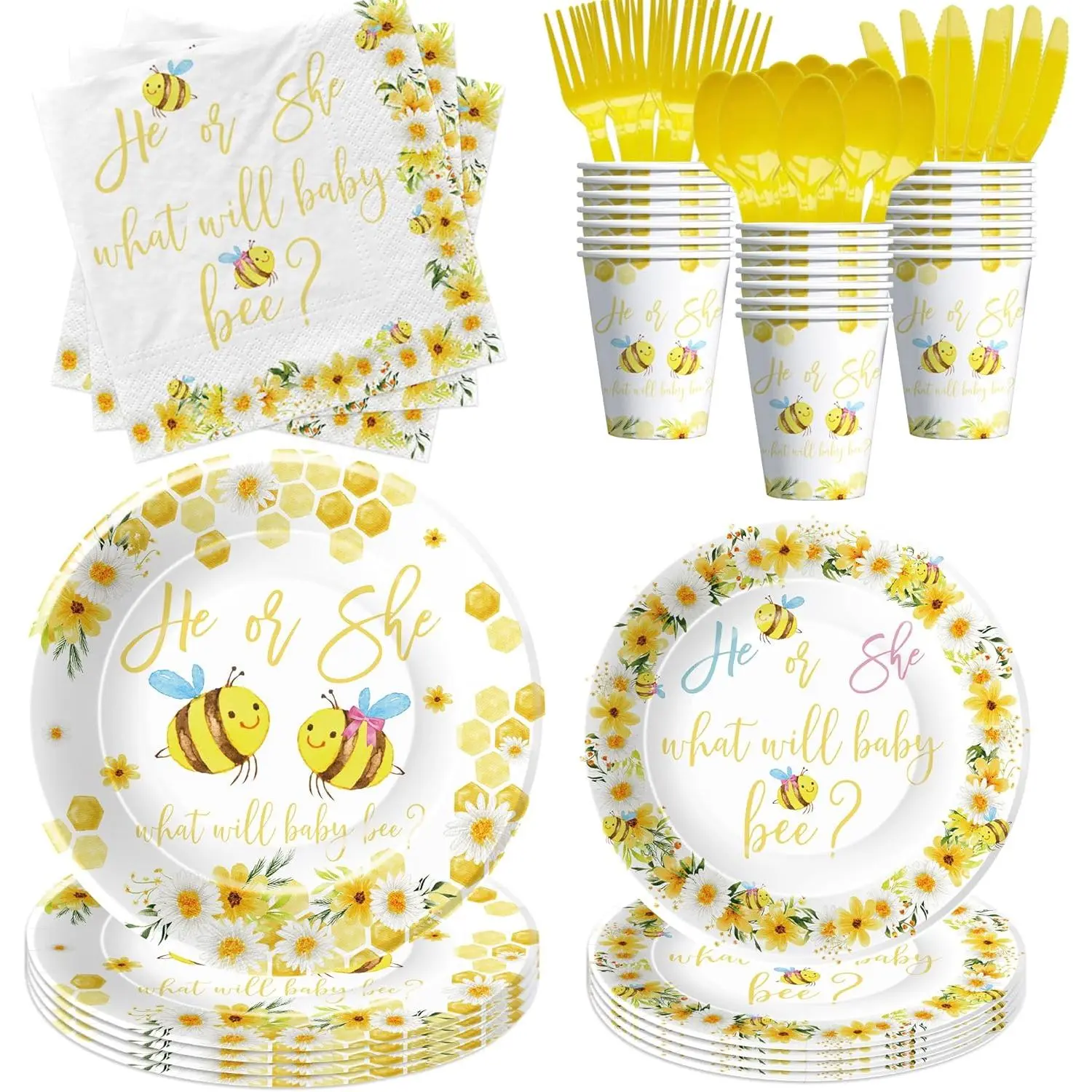 What Will It Bee Gender Reveal Party Supplies, He Or She Bumble Bee Gender Reveal Decorations Tableware, Paper Plate, Cup, Napkin, Disposable Cutlery | Serve 24