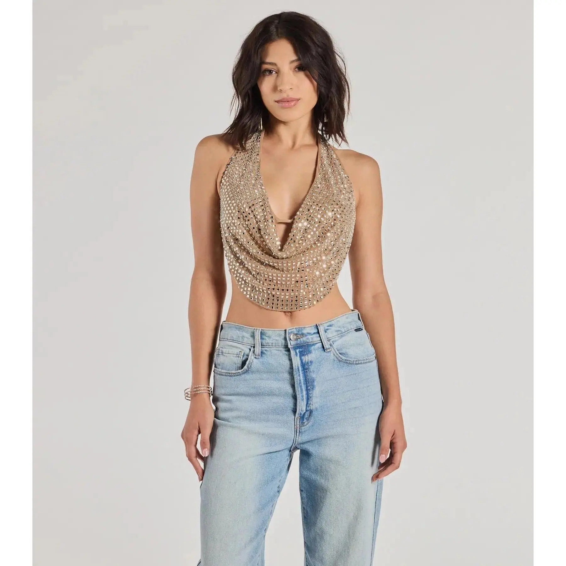 Summer Nude Rhinestone Mesh Halter Cowl Neck Backless Cropped Party Club Nightout Daily Sexy Slim Glitter Y2K Trendy Women's Top