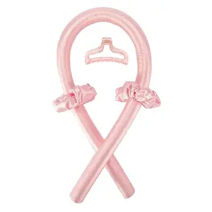 Heatless Silk Curling Rod Headband – Overnight Soft Waves Hair Roller with Claw Clip (Pink)