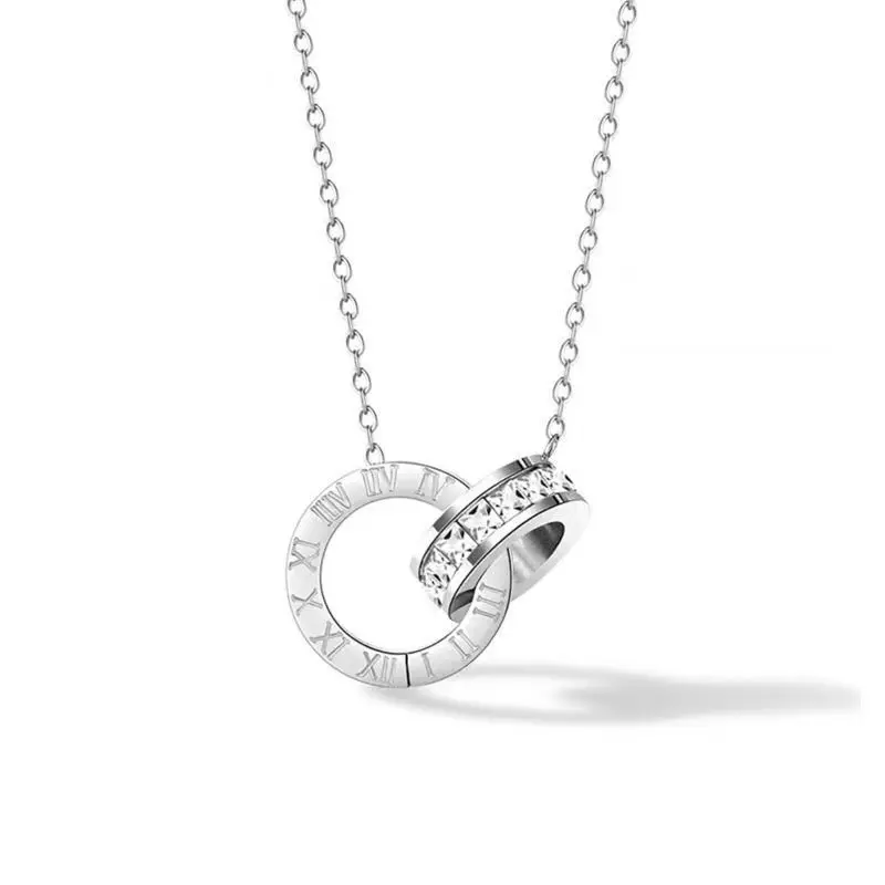 Trendy brand men's and women's double ring Roman numerals diamond necklace fashionable couple pendant titanium steel necklace