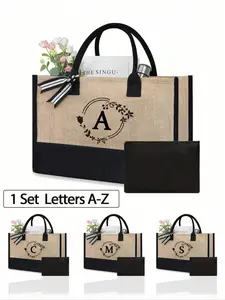 Wreath Letter Canvas Tote Bag, includes a cosmetic bag, tote bag, multi-functional shopping bag, handbag, lunch bag, and personalized gift bag. Perfect as a personalized birthday gift for a friend. Comes with a scarf.