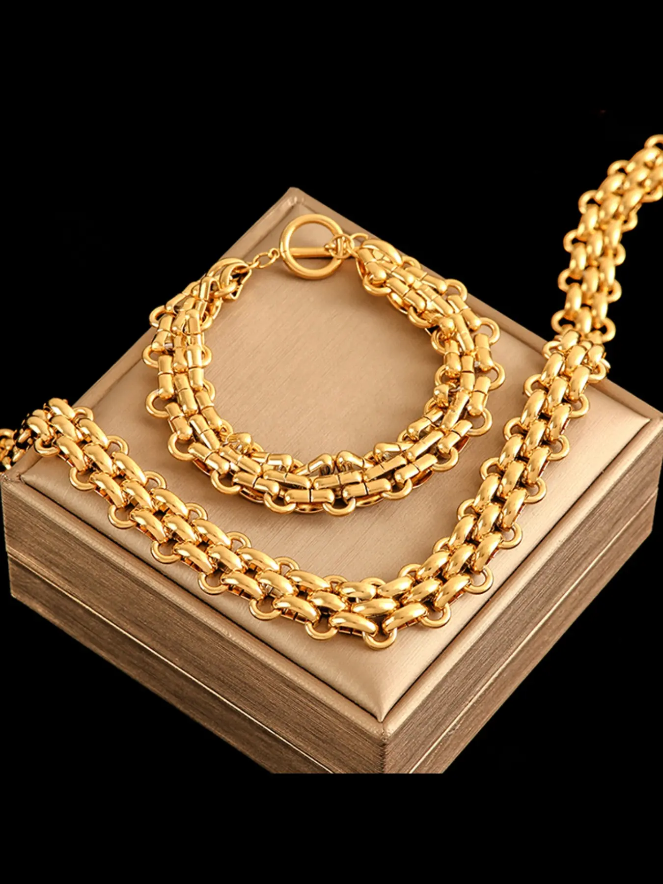 2Pcs Stainless Steel Cuban Chain Statement Necklace Bracelet Set For Women New Punk Style 18K Gold Plated Waterproof Jewelry Sets