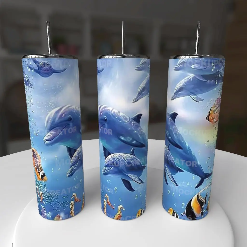 Dolphins 20oz Stainless Steel Tumbler - Portable Reusable Drinkware Mug, Cup, Bottled Water Bottle - Hand Wash Only, Not Dishwasher/Microwave Safe, Do Not Soak, Washable, Lid, Dolphin Print