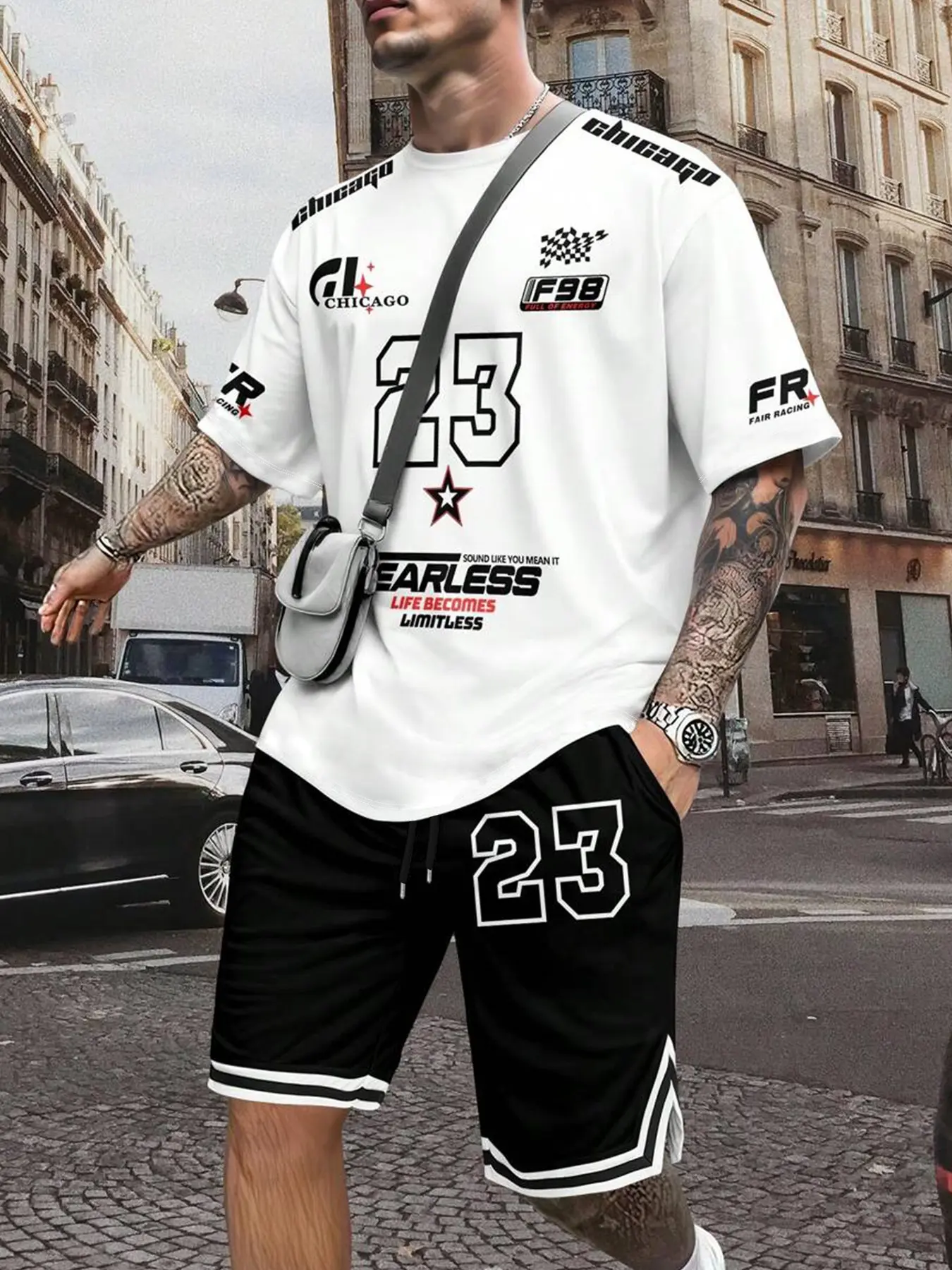 Men's Racing Aesthetic 2 Piece Set - Matching Oversized Graphic Round Neck T-Shirt & Shorts Combo | Streetwear Urban Summer Outfit with 23 Print & Breathable Fabric for Daily Casual & Sports Wear Menswear