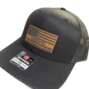 USMC All Black Richardson 112 Hat: Structured Mid-Profile Design, Adjustable Snapback Closure