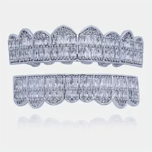 2pcs/set Full Zirconia Teeth Grillz Top&Bottom CZ Grills Dental Hip Hop Vampire Teeth Caps Grill Mouth Body Jewelry Party Iced Out Zirconia 18K Golden Color Plated Teeth Grillz Zirconia Teeth Grillz Full Ice Out Teeth Grillz Oral Cosmetic