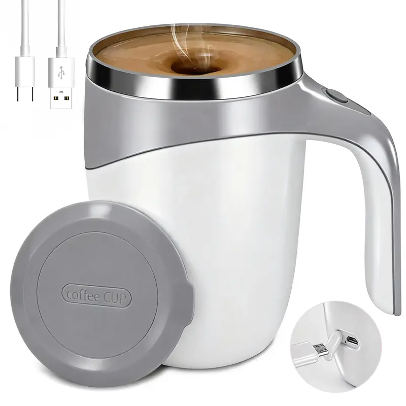 Stainless Steel Body Rechargeable Auto Stir Mug - 430ml/14.5oz 1-Button Stirring Portable Drinkware with Lid, USB Cable, Plastic Accents, Washable Reusable Tumbler for Office/Travel (Coffee, Tea)
