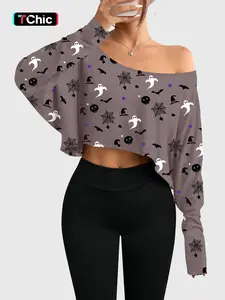 Women's Long Sleeve Halloween Print Asymmetrical Shoulder Top, Casual Loose-Fit Knit Shirt for All Seasons, Stylish Ladies' Fashion Wear