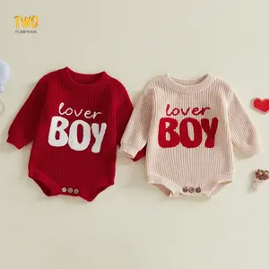 Newborn Baby Boy Valentines Day Cotton Outfit Lover Boy Embroidery Knit Sweater Romper Long Sleeve Bubble Bodysuit