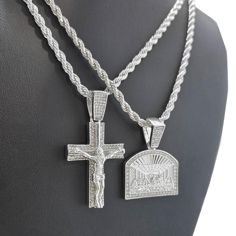 Crucifixion of Jesus Cross & Last Supper Iced Cubic Zirconia Pendant & 4mm 24" Rope Chain Necklace Jewelry for Men, Women, Unisex