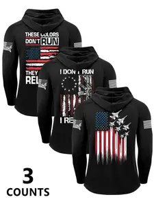 Men's Sporty Hoodies 3-Pack, Flag Graphic Print, Breathable Gym Wear, Comfortable Durable Fabric, Ideal for Fitness Training