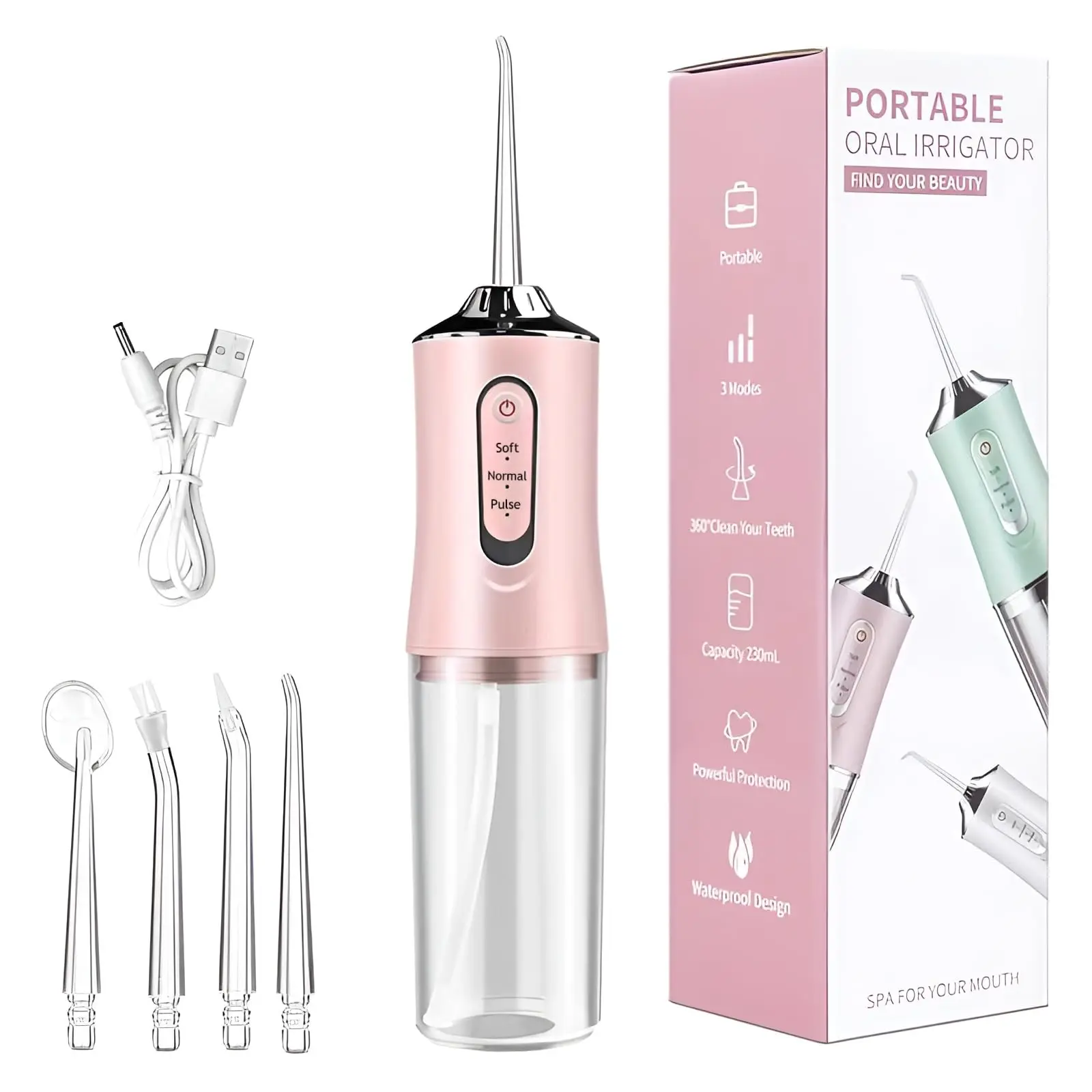 Cordless Water Flosser (260ml) - Toothbrush Set&4 Nozzles | Suitable for orthodontic appliances and travel, portable oral care, portable USB charging, suitable for travel and home use, protecting teeth