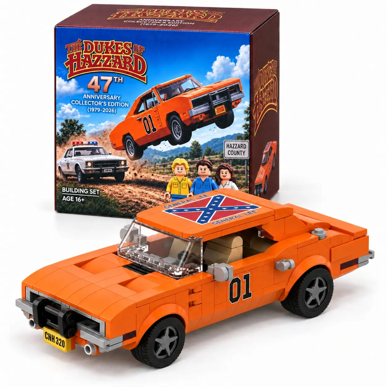 The Dukes of Hazzard 47th Anniversary Building Set, Orange 01 Muscle Car Brick Model with 3 Minifigures, 1979–2026 Collector's Edition Display Car, Gift for Fans, Dad & Men