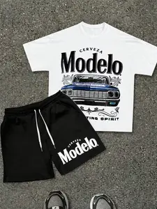 Men's 2 Piece Outfit, Modelo Cerveza The Fighting Spirit Lowrider Car Graphic T Shirt & Drawstring Shorts Set, 450g Heavyweight Cotton Retro Streetwear Summer Casual Tracksuit