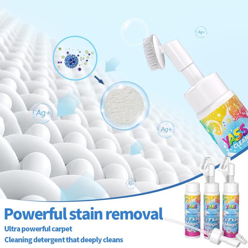 Yass Clean F'king Magic Foam Cleaner 3PACK 200ML Removes Stains With Carpet Cleaner Brush，Effectively Removes Stains And Odours Caused By Pets From Carpets And Upholstery