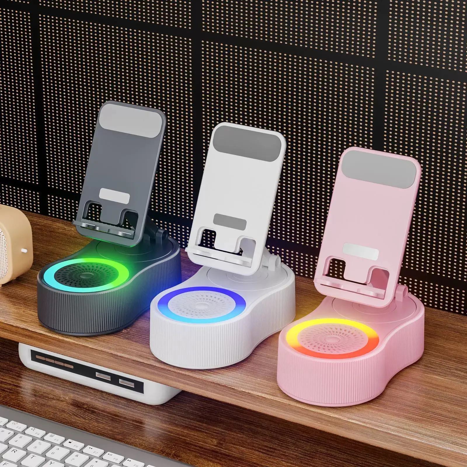 5-in-1 Wireless Induction Bluetooth Speaker Stand with Foldable Phone Holder, Power Bank & Ambient Light — Desktop/Home, Plastic/Metal Composite Smart