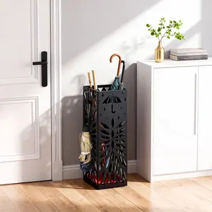Square Metal Umbrella Stand for Entryway – Cold-Rolled Steel with Removable Drip Tray & 4 Hooks – Holds Umbrellas & Canes – 15.49x15.49x49.02cm
