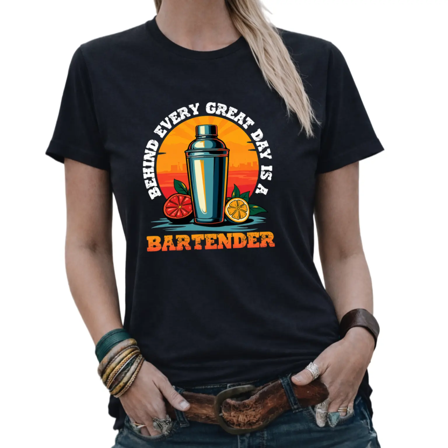 Women's Funny T-Shirt - Retro Bartending with Bartender Tools & Graphics, Machine Washable Round Neck Tee Suitable for Bartenders, Parties, Crawls, Casual Wear