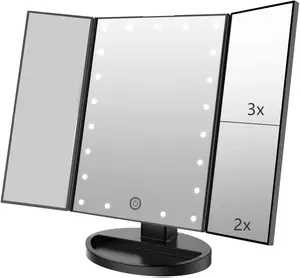 Flymiro Tri-fold Lighted Vanity Makeup Mirror with 3x/2x Magnification, 21 LEDs, Touch Screen, 180 Degree Rotation, Travel Black