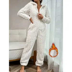 Autumn Winter New Plush Hooded Pajamas Set for Women, Warm Coral Fleece Long Sleeve Onesie, Cozy Home Wear, Trendy Sleepwear